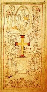 Knut och Ælfgifu (Emma) skänker ett altarkors till klostret New Minster i Winchester 1031, samtida avbildning.